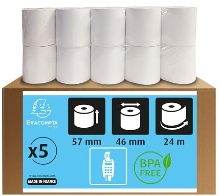 Exacompta 40905DE Lot de 5 rouleaux thermiques pour appareils EC-Cash, 1 couche, largeur : 57 mm, longueur : 24 m, diamètre du cœur : 12 mm, texte de débit, SEPA à l'arrière, 55 g/m², sans BPA