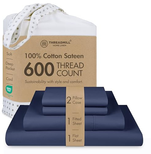 Threadmill 100% Cotton Sheets for Queen Size Bed - 600 Thread Count Queen Bed Sheets Set with 16” Deep Pocket - Sateen Weave 4-Piece Bedding Set with Cooling Effect, Folkstone Blue