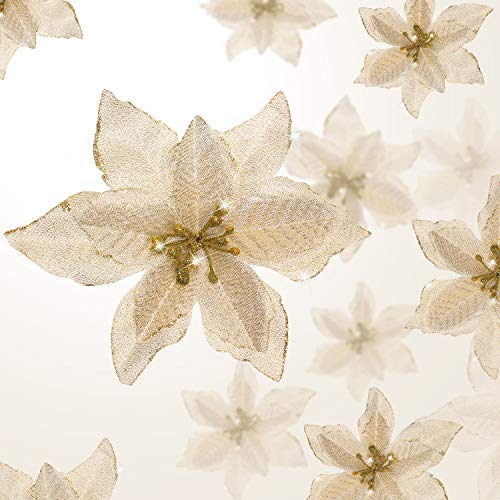 Lot de 36 Fleurs de Poinsettia artificielles à Paillettes - 3 Tailles - étoiles de Noël - Décoration pour Noël, Nouvel an, Maison, extérieur (doré, 7,6 cm / 10 cm / 15 cm)