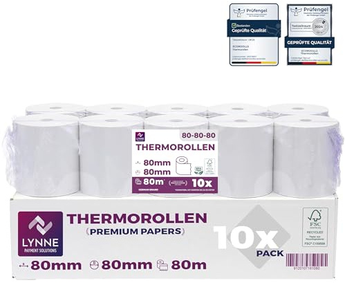 10x Thermorollen - Bonrollen - Kassenrollen 80mm x 80m x 12mm (80x80x12) für alle gängigen Thermopapier Kassen-Bondrucker – BPA Frei