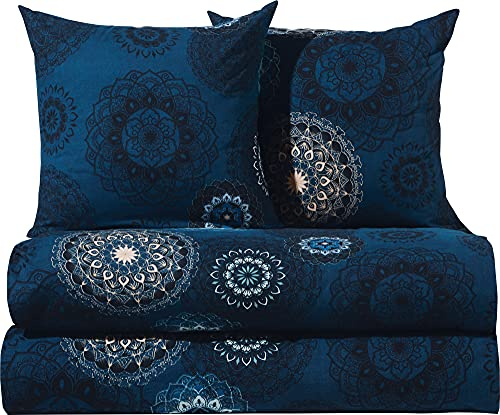 Erwin Müller Bettwäsche, Bettgarnitur Sparpaket 4-TLG. Flanell - Mandala - mollig warm, temperaturregulierend, mit praktischem Reißverschluss - dunkelblau Größe 80x80 cm / 135x200 cm