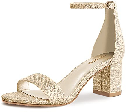 PIZZ ANNU Women's Low Block Heels 2 Inch Sandals Chunky Open Toe Ankle Strap Wedding Dress Pump Shoes For Women Brides Ladies, Gold Glitter 9