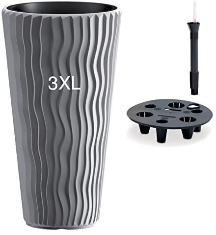 Blomkruka med vattningssystem vertikal vågig look inlägg hög 3D-effekt i grå 3XL (DxH) 37 x 71 cm