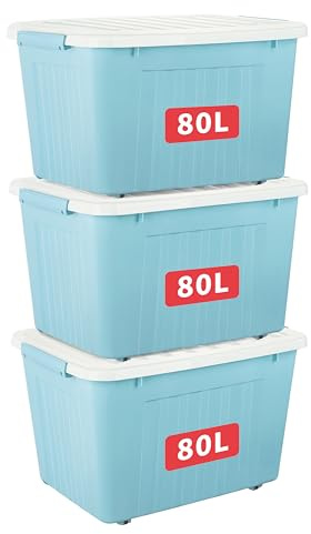 Cetomo 80L*3 Cajas de Almacenamiento con Tapas, Contenedores de Plástico con Ruedas, Clip On, Apilables, Encajables, Organizador Rayado para Oficina en Casa, Azul, 80L-3 Pack