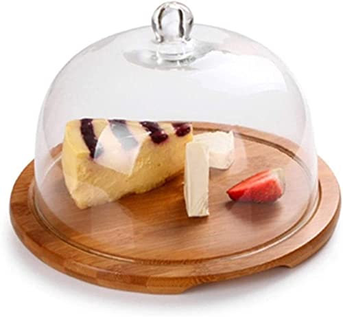 TATSEN Glass Dome Cake Cheese Dessert Dome Food Preservation Dust Cover Wooden Disc Pastry Tasting Tray Household Cake Box lid (Size : 20cm)