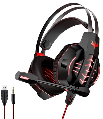 OVLENG Casque Gamer GT63 Rouge avec Micro et Retro éclairage LED - Haut-Parleur 40mm - Contrôle du Volume