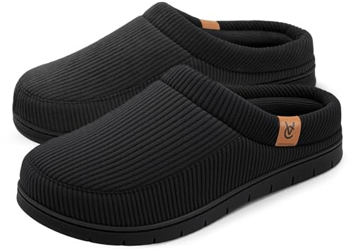 VeraCosy Herren Cord Mokassin Hausschuhe Memory Foam Winter Pantoffeln Mattschwarz, 44-45 EU