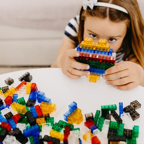 Q-Bricks Kreativ-Bauset mit klassischen Bausteinen – 1000 Teile – 2,2 kg | 3 Formen: 1x4, 2x2, 2x4 | 6 Farben | Kompatibel mit großen Baukasten-Marken | Hergestellt in der EU (Transparent)