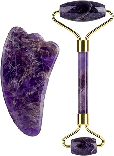 Amethyst Rough Stone Amethyst Massagel Naturstein Gesichtsrolle Gua Sha Werkzeuge Set Set SPA Akupunkturkratzerkristallkörpergesicht Gesundheitsmassage (Color : Purple 2pcs Set 2)