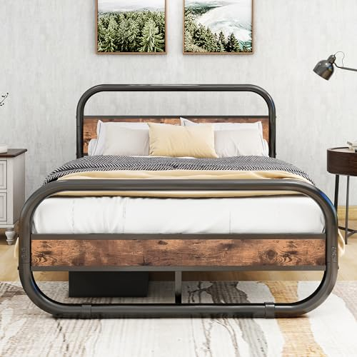 HOMERECOMMEND Kingsize-Bettgestell mit Kopfteil, ovales Plattformbett mit Stauraum unter dem Bett, Stahllattenmatratze, Fundament, rundes Rohr-Design, Braun
