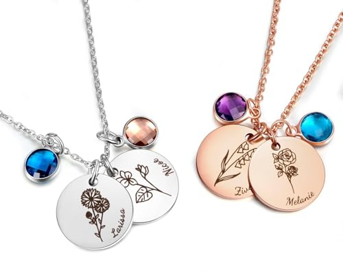 Jaohi Kette mit Gravur Personalisierte,Namenskette mit Geburtstag Blume mit Geburtsstein für Damen,Personalisierte Schmuck Geschenk für sie,Geschenke zum Geburtstag, zu Weihnachten und zum Muttertag