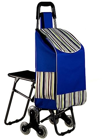 Shopping Trolley with Seat,Foldable Shopping Trolley on Wheels,39L Lightweight Shopping Cart 6 Wheels Collapsible Push/Pull Cart Stair Climbing Grocery Trolley for Easy Storage (Blue)