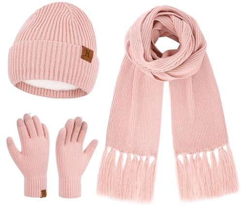 Bequemer Laden Winter Beanie Mütze Damen Lange Schal Handschuhe Geschenke | Damen Gefütterte Wintermütze Strickmütze Touchscreen Winterhandschuhe Lange Schals mit Quasten Weihnachtsgeschenke Frauen