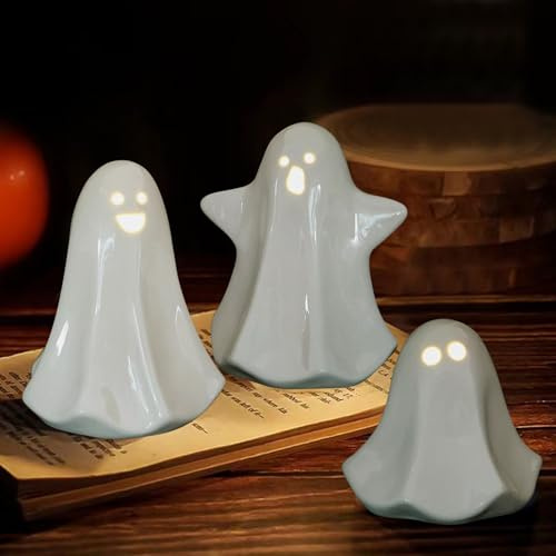 Skeadex Halloween Deko Geist, 3 Stück Keramik Geist Nachtlicht, Halloween Deko Geister Figuren mit LED Licht, Halloween Geisterlichter Batteriebetrieben für Geschenk Tischdeko Partydeko