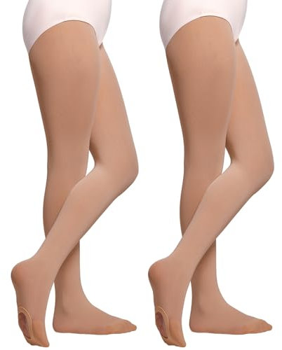 MANZI 2 Paar Ballettstrumpfhose mädchen mit Loch Durchscheinend Tanzstrumpfhosen für Mädchen 40 Denier Kinder Strumpfhosen für 11-13 Jahre Gr.135-150,L,Light Suntan