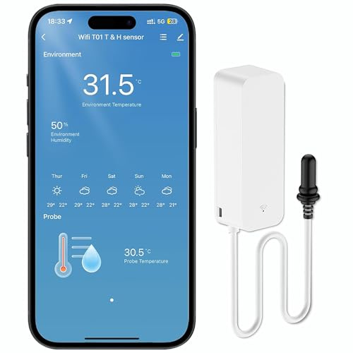 PHOVOLT Thermomètre d'aquarium, thermomètre de réservoir de poisson intelligent, moniteur d'application, hygromètre WiFi pour chambre de bébé, serre, réservoir de poisson, réfrigérateur, blanc (lot de