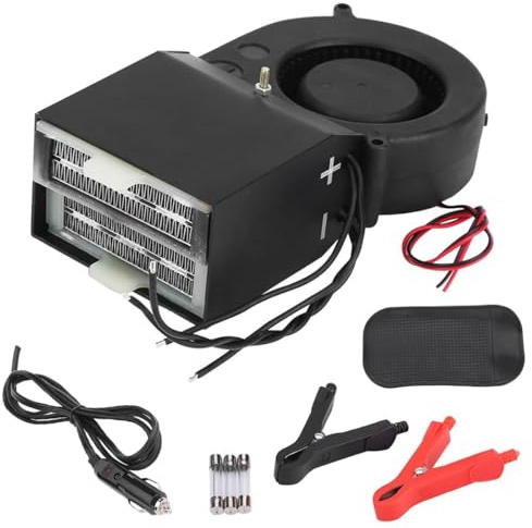Klanata Auto Heizlüfter 12V/24V, Keramik Heizungsentfroster 150–350W/300–500W, 16,7 x 9,3 cm, mit Autoladegerät, Batterieklemmen und Silikonpad für Scheibenentnebelung
