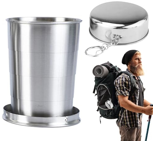 Vaso plegable de acero inoxidable de 250 ml, vaso telescópico con cierre de llave, portátil para viajes al aire libre, camping, vasos plegables de metal con taza mosquetón