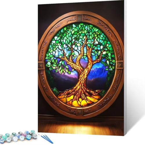 Paint by Numbers for Adults, Children, Beginners, Tree Hobbies for Adults Women DIY Gift Arts Kits with Brushes and Acrylic Pigment, Colour by Numbers for Adults 12x16in Plant [Without Frame] H - 1