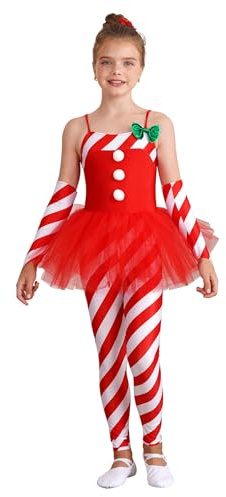 MSemis Kinder Mädchen Zuckerstange Kostüm Weihnachtsmann Overall Tanzbody Ganzkörperanzug Xmas Trikotanzug Outfit