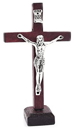 QishGO Wooden Catholic Jesus for Cross Crucifix with Stand Religious Prayer Tabletop De