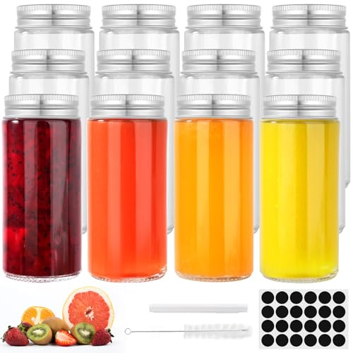 FoiiLiio 12 Stück Mini Shot Glasflaschen mit Schraubverschluss 120ml Kleine Flaschen zum Befüllen mit Etiketten und Stift, Ideal für Ingwer, Likör, Schnaps und Andere Drinks