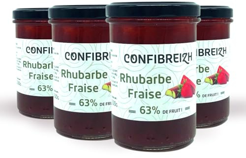 Paquete de 4 tarros de mermelada de fresa y ruibarbo 220 g – Fabricación tradicional en caldero de cobre y rico en frutas – Bretaña