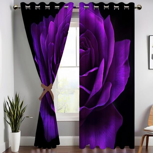 GSAEIMCT Vorhang Blickdicht ösen 2er Set Lila Rosen-Lila Blumen Muster Gardine Lichtundurchlässig Fenstervorhang Wohnzimmer Schlafzimmer Größe:2X 137x117 cm(HöhexBreite)