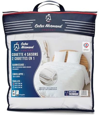 COLAS NORMAND – Couette 4 Saisons - 2 Couettes en 1 avec Nouettes - Légère & Tempérée - 100% Coton – 140x200 - Idéale pour Toutes Saisons - Fabrication Française