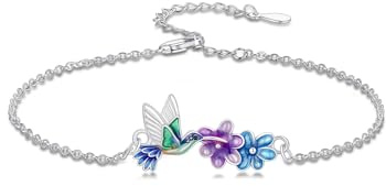 LONAGO Pulsera de Colibrí para Mujer Plata de Ley 925 Flor con Colibrí Pulsera de Eslabones