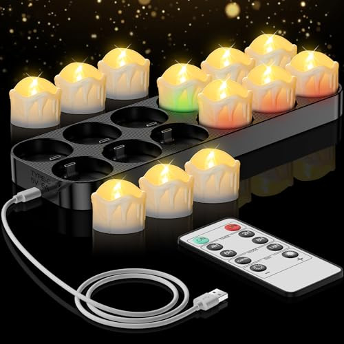 daphomeu Aufladbare LED Teelichter mit Fernbedienung, 12er Set Timerfunktion und Ladestation - Flackernde Elektrische Kerzen für Wohnzimmer, Tischdeko, Halloween, Weihnachten