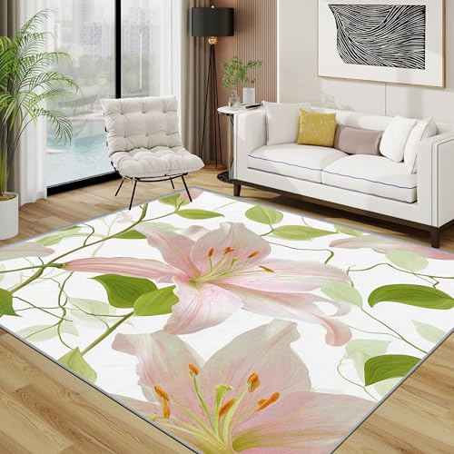 TerroVee Blumen Teppich Schlafzimmer, Rosa Lilie Grün Blatt Teppich 120x170 cm, Botanisch Blumig Waschbar Kurzflor Antirutsch Teppiche Für Wohnzimmer Schlafzimmer, Rosa Grün Weiß