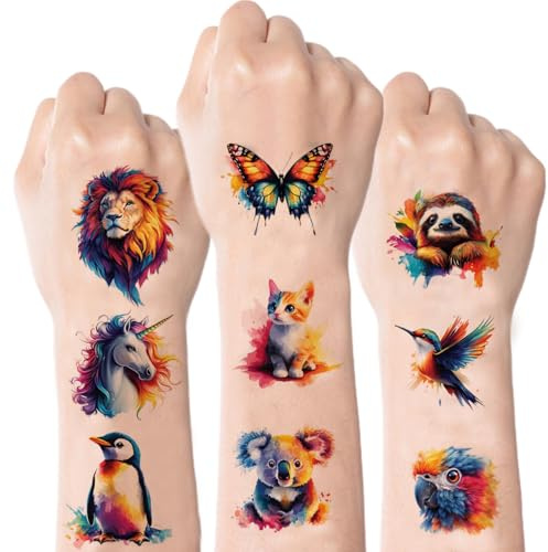 CharmeFleur Wasserfarben Tiere Temporäre Tattoos für Kinder - 60 Designs Temporäre für Mädchen Jungen Körper Arm Schulter Tattoos Aufkleber, Geburtstagsparty Dekorationsartikel
