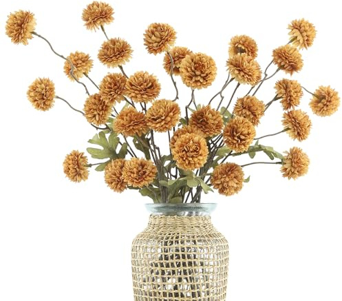 DuHouse 6 Pompones Artificiales con Tallos, Mini Bola de crisantemo de Seda sintética para decoración del hogar, Ramos, centros de Mesa, Manualidades Florales de Bricolaje (Naranja Quemado)