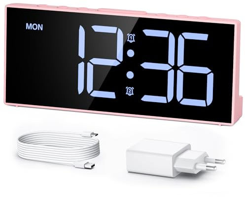 LATEC Wecker Digital, Digitalwecker mit 2 Alarme, Snooze, 3 Alarmzeiten, Digital Uhr mit 4 Helligkeitsstufen + AUS, 3 Lautstärkestufen, USB-Ladeanschluss, Netzbetrieben, Wecker Laut für Tiefschläfer