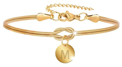 FIGCY Pulsera Dorada con Letra para Mujer, Pulsera Ajustable con Nudo de Amor Chapado en Oro de 18K con Dijes A-Z, Joyería Apilable Regalo para Mujeres, Damas de Honor (Colgante Redondo con Letra M)