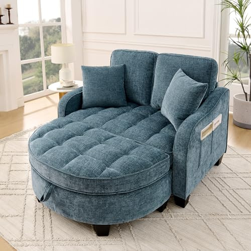 Ligterra Sofa mit Schlaffunktion, Sofa Klein, Chaiselongue, 2-in-1 Schlafsofa, Aufbewahrungs-Hocker & 4 Kisse, für Kleine Wohnzimmer, Studienzimmer, Schlafzimmer, 132×129×93cm (Blau)