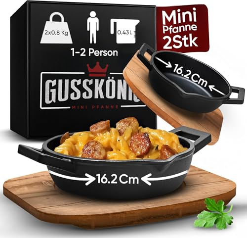 GUSSKÖNIG Juego de sartenes de hierro fundido (2 piezas) de 11 cm de diámetro, sartenes de hierro fundido precocidas para barbacoa y horno, posavasos de madera de acacia y pasta de cuidado, mini