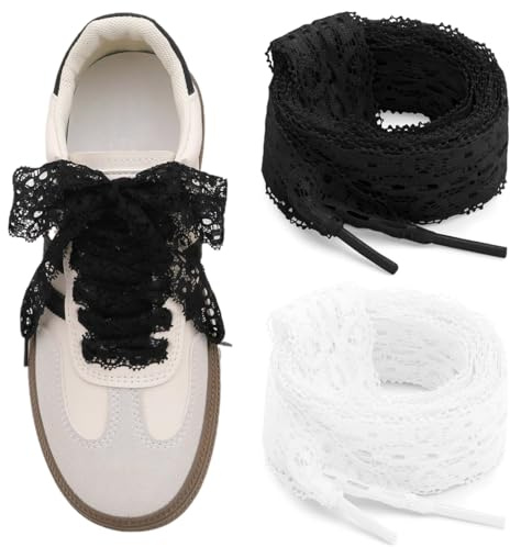 2 paires de Lacets Dentelle, Lacets Chaussures Plats pour Baskets, Lacets Dentelle noir et Blanc, Dentelle Style Ballet, Lacets Dentelle élastique, Style Girly Mignon, Lacet Peluche Blanc