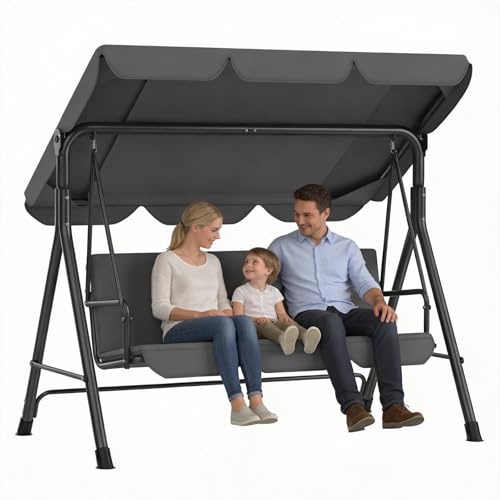 Huracan Hollywoodschaukel 3-Sitzer, Gartenschaukel mit Verstellbarem Sonnendach, Anti-Rutsch-Füßen, Wetterfest Gartenliege, Stabile Metallkonstruktion, Schaukelbank Outdoor, 193x110x152cm, Grau