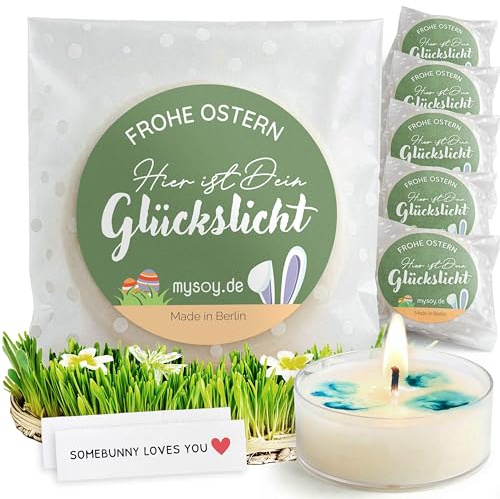 Kleine Ostergeschenke 12x Glückslicht Teelichter mit Botschaft & Spruch | Frohe Ostern Geschenk für Erwachsene, Osternest-Füllung, Mitbringsel & Tischdeko | vegan, handgemacht in Berlin