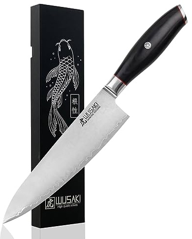 Wusaki Fujiko Black - Couteau de Chef Design Japonais Lame 20cm Acier Inoxydable Haute Teneur Carbone 10Cr - Vendu dans un coffret cadeau