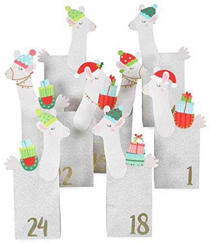Papierdrachen Adventskalender 2025 zum Befüllen - Lamas - Kraftpapier Set mit 24 gemusterten Papiertüten & Stanzteilen - inkl. goldenen Zahlenaufklebern