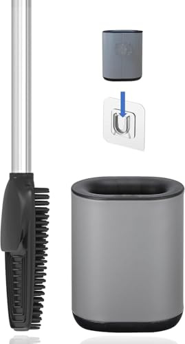 3in1 Toilettenbürste aus Silikon mit WC Bürsten Halter und Wandhalterung, Langer Stiel aus Edelstahl & Hygienisch mit Lamellen und Schaber – Toilettenbürstengarnitur für Badezimmer & Gäste-WC (Grau)