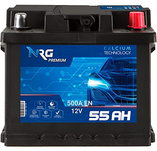 NRG Premium Autobatterie 12v 55Ah 500A/EN Starterbatterie Batterie ersetzt 45Ah 47Ah 50Ah 52Ah 53Ah 54Ah