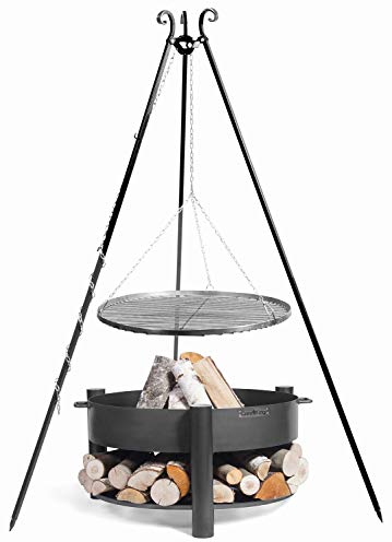 JS Garten Deko Set: Dreibein H 180 cm mit Grillrost Ø 50 cm aus Rohstahl + Feuerschale Montana Ø 60 cm Schwenkgrill Grillen CookKing