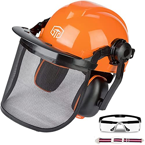 Casco protettivo per motoseghe 3 in 1, casco di sicurezza con visiera, protezione dell'udito e del viso, EN397, regolabile, resistente agli urti, comodo set
