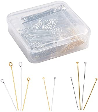 Vasemele Kugelkopfstifte 900 Stück Nietstifte mit Öse 3 Stile Kettelstifte Versilbert Ösenstifte Perlenstifte Versilbert Kopfstifte und mit Öse Prismenstifte Flat Head Draht Headpins Gold Silber
