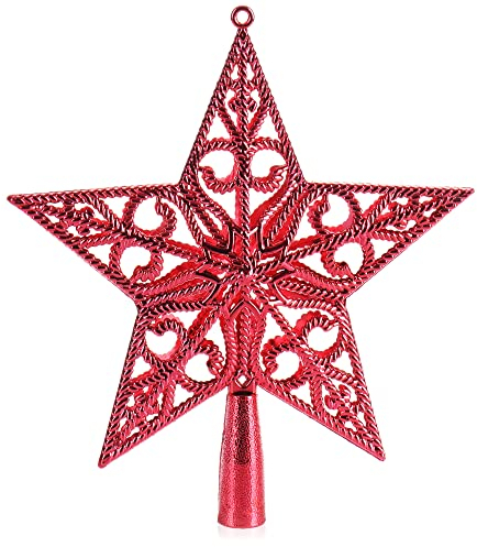COM-FOUR® Cime de Sapin de Noël Rouge en Forme d'Étoile - Étoile pour Cime de Sapin de Noël - Décoration de Sapin de Noël Décorée - Décoration de Sapin de Noël Traditionnelle en Plastique