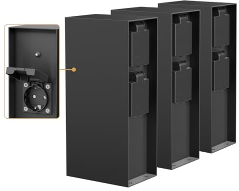ledscom.de 3 pièces Colonne de Prises de Courant de Jardin POMI pour l'extérieur, IP44, capteur crépusculaire, 3X, Acier Inoxydable, Noir, carré, 23 cm